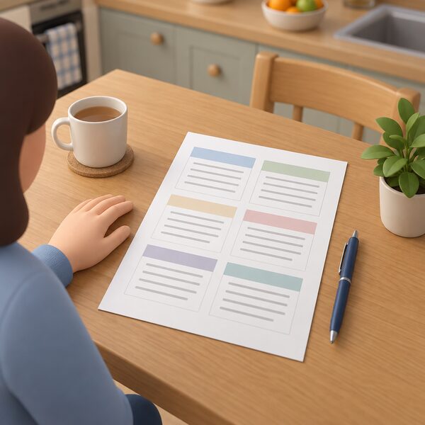 A printed quotation document lying on a kitchen table beside a pen, shown as a physical sheet with six plain headed blocks for scope of work, materials, timescales, payment terms, guarantees and aftercare, each filled only with blank lines, with a householder's hand resting beside it.