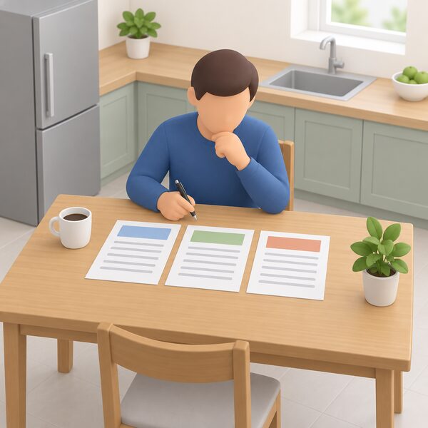 A householder seated at a kitchen table comparing three printed quotation sheets laid side by side, each showing only blank lines and plain colour bands, with a pen in hand as if ready to mark a choice.