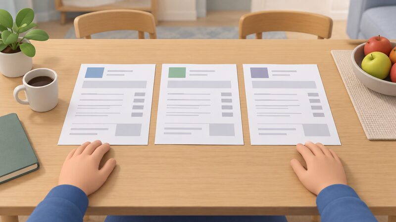 Three printed quotation sheets for the same job lie side by side on a household table, each with plain blank lines and simple blocks where figures and descriptions would be, with a householder's hands resting beside them comparing the pages.