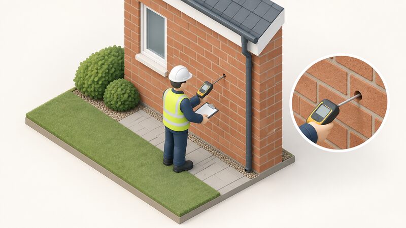 A simplified isometric figure of a pre-installation assessor standing at the outer wall of a house, holding a clipboard in one hand and a moisture meter probe inserted into a small drilled hole in the cavity wall with the other, before any insulation is injected.