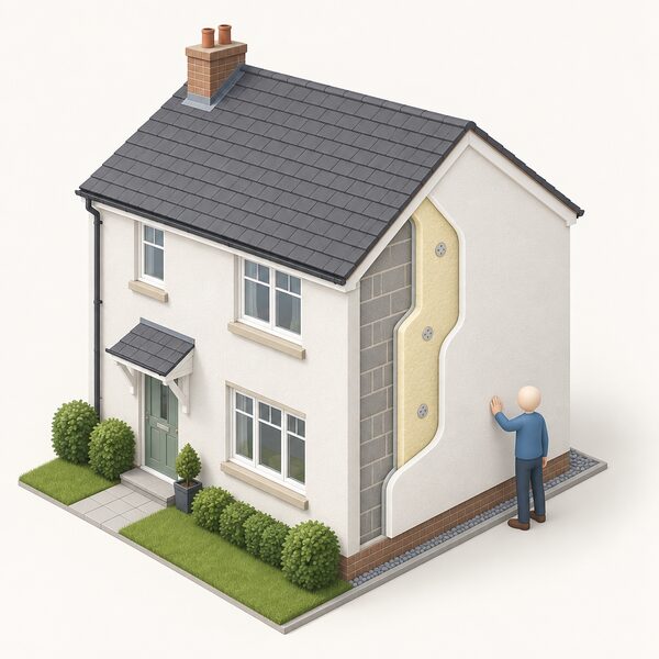 A modest UK house seen from outside, its front and side walls finished with external solid wall insulation render, with a small isometric figure standing at the wall inspecting the smooth insulated coating and a section of the wall shown cut away to reveal the insulation layer beneath the render.