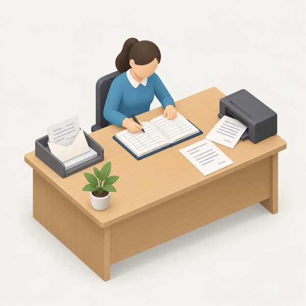 A simplified isometric figure at an office desk logs a householder's complaint letter into a ledger while a printed acknowledgement letter, its content shown as blank lines, lies ready beside it, depicting the logging and acknowledgement that must happen within two working days of receipt.
