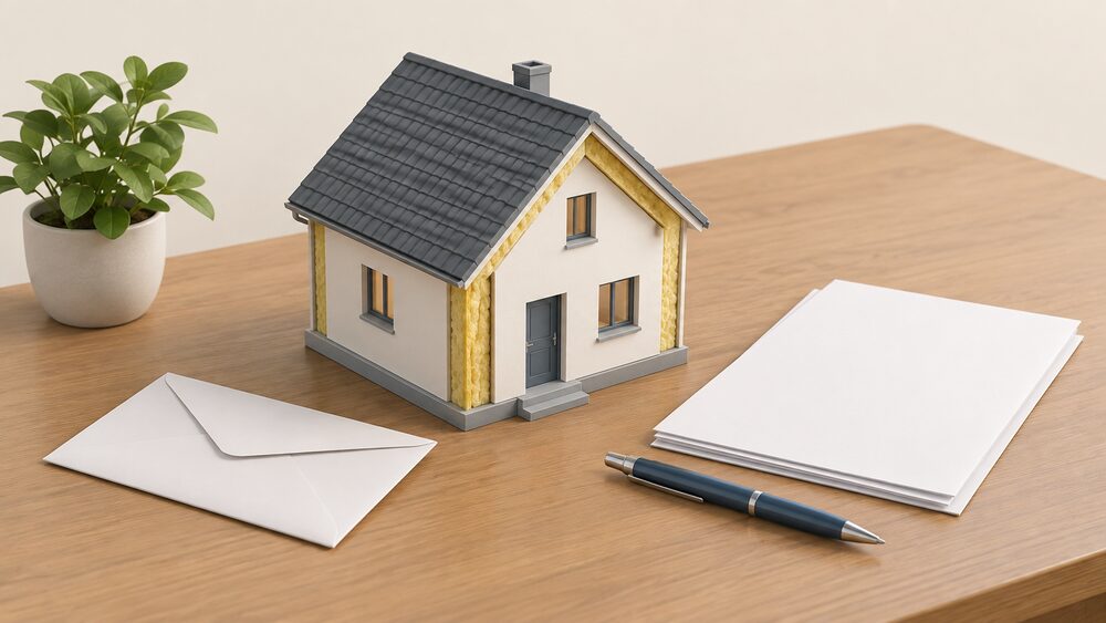 A small model house with a thick layer of insulation shown in its walls sits on a table beside blank guarantee paperwork, a sealed envelope and a pen, representing a claim for a repair covered by an insulation guarantee.