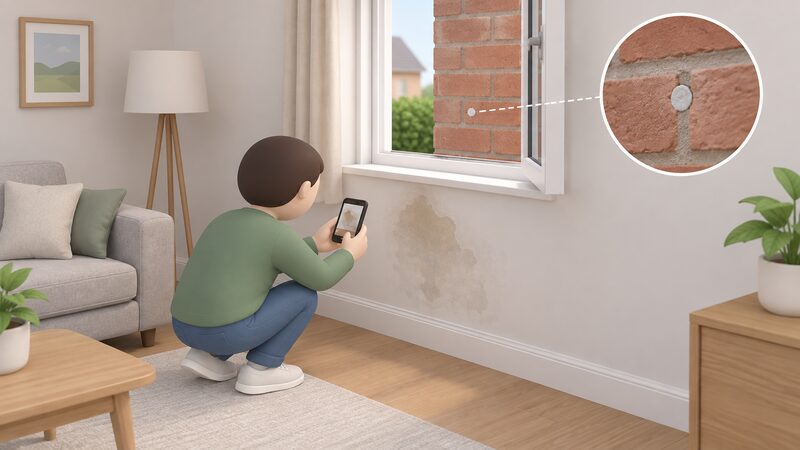 A simplified householder crouches indoors holding a phone camera aimed at a damp-stained patch on an internal wall, directly below a small filled injection hole in the outer brickwork visible through an open window, documenting the problem for a complaint.