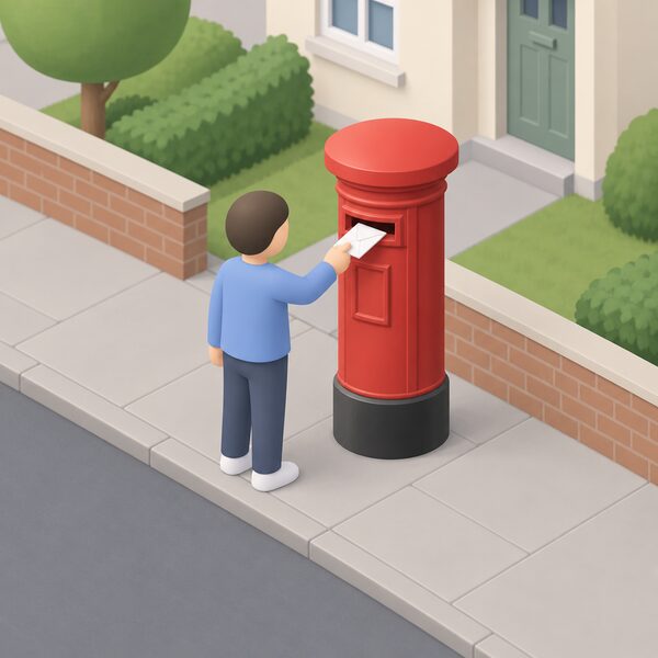 A simplified isometric figure stands at a red British pillar postbox on a residential pavement, sliding a sealed cancellation letter into the slot, with a small house in the background suggesting the letter is being sent during the cooling-off period.