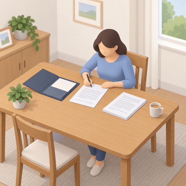 A householder seated at a home dining table signing a finance agreement document, with the installation contract papers lying beside it, a pen in hand and a lender's document folder open on the table in a plainly domestic room.