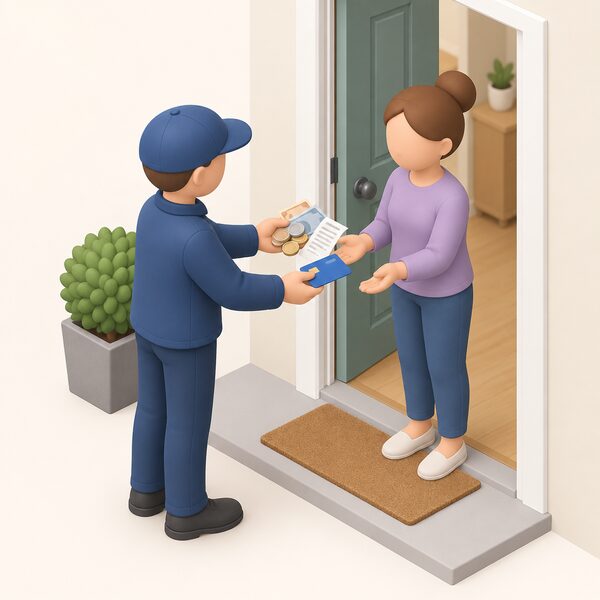 A trader's hand returning a payment card to a householder at their front door, with banknotes and coins and a paper receipt handed over together, showing a refund being paid back to the household in person.