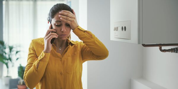 A worried woman on the phone next to a wall-mounted white combi boiler