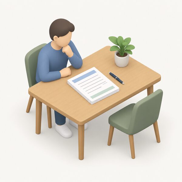 A small isometric kitchen table scene where a plain-clothed consumer sits facing a stack of pre-contract paperwork sheets with blank lines and plain colour bands, a pen resting beside them, ready to sign.