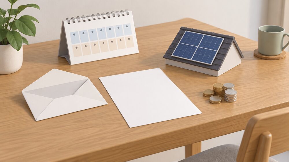 A kitchen table with a blank cancellation letter beside an open envelope, a wall calendar showing a fortnight of days, a small pile of coins as a deposit, and a small model of a rooftop solar panel, all under soft daylight.