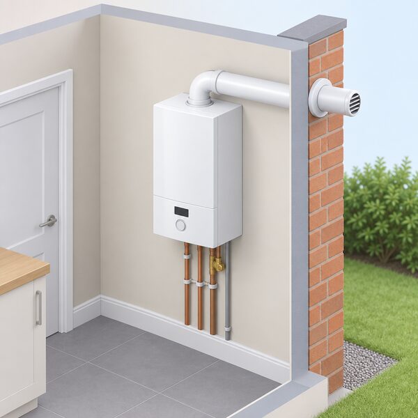 A wall-mounted gas boiler installed on an indoor wall with its flue pipe passing horizontally through the outside wall to the open air, shown as a completed installation ready for an installer to certify as compliant.