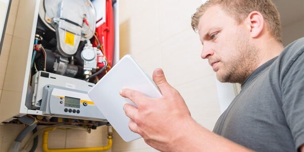 A heating engineer holding a tablet while inspecting the open internal workings of a wall-mounted gas boiler