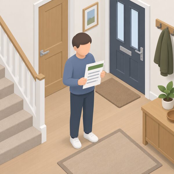 A householder standing in a home hallway holding a paper scheme certificate for completed installation work, the document shown as a physical sheet with a plain colour band and blank lines, kept in the house as evidence of compliance.
