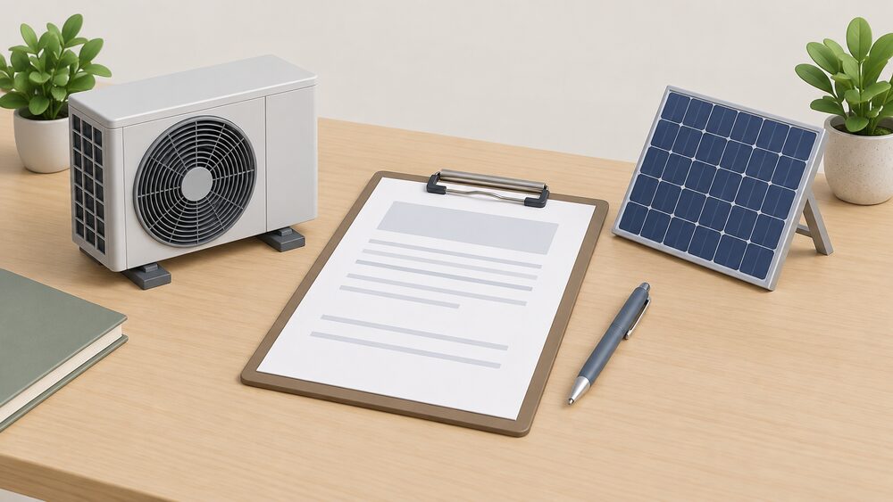 A small arrangement on a table of blank compliance paperwork and a clipboard beside a miniature model of an air source heat pump fan unit and a small solar panel, representing the certificate a registered installer hands over after self-certified work.