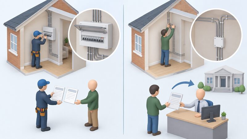 A split diagram contrasting two routes for notifiable domestic electrical work: on the left a registered electrician working on a consumer unit in a dwelling hands over blank self-certification and test certificates directly, while on the right a householder doing their own wiring must instead submit a blank notification form to a building control body before starting.