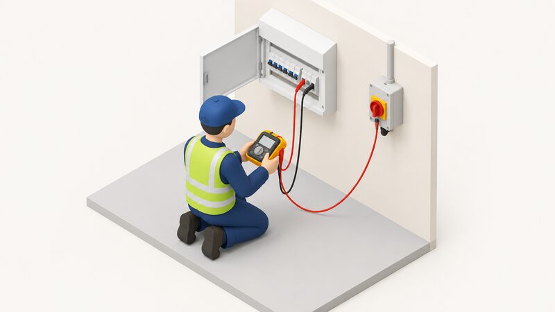 An electrician kneels beside a household consumer unit with its door open, test leads from a multifunction tester connected to the unit, while a second lead runs to a heat pump isolator switch mounted on the nearby wall.