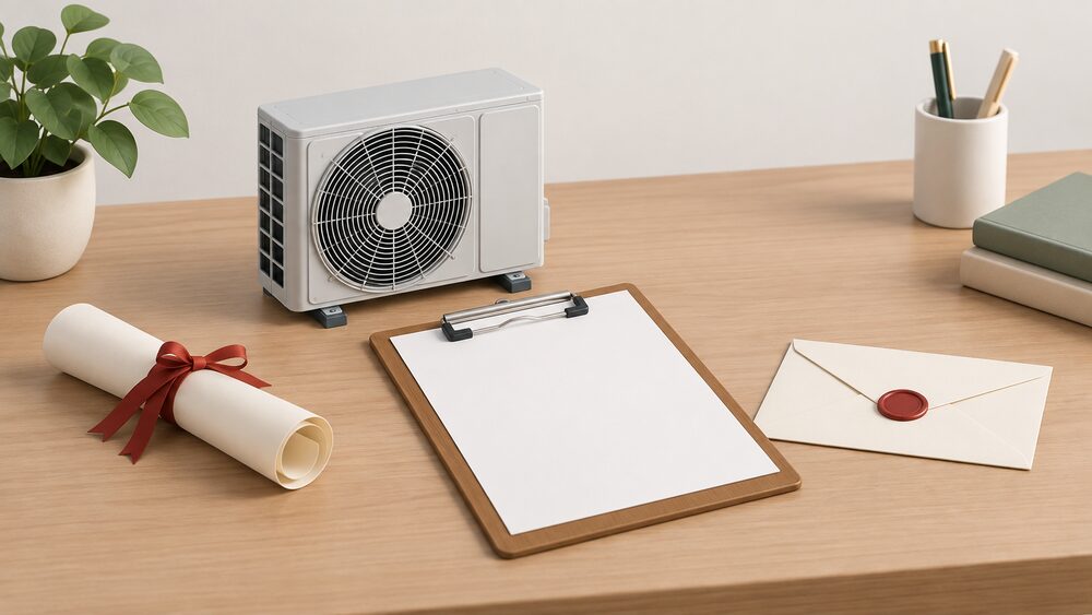 A small model of an air source heat pump fan unit stands on a desk beside a blank certificate on a clipboard, a rolled qualification scroll tied with ribbon, and a sealed envelope, arranged as the paperwork moment before a household books a certified installer.