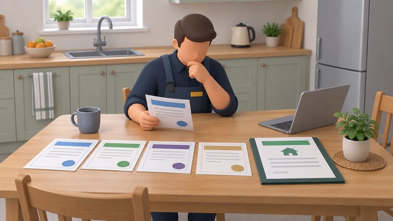 A heating engineer seated at a kitchen table studying a spread of individual qualification certificates alongside a business scheme registration document, with blank lines and plain colour bands instead of readable text.