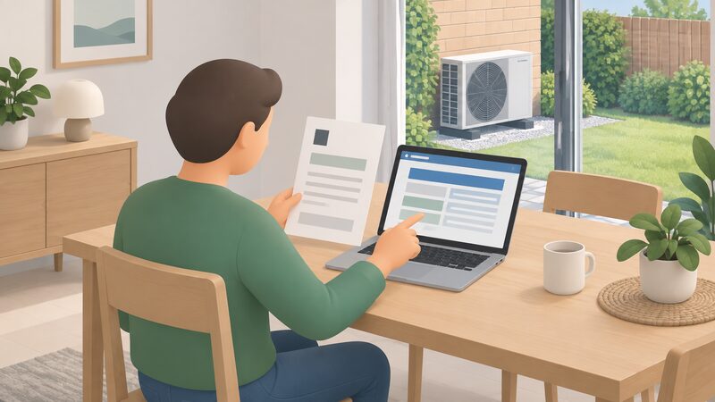 A householder at a table compares a paper certificate against a laptop screen showing the MCS register, matching the certificate number and scope of certification, with a heat pump installation visible through the window behind them.