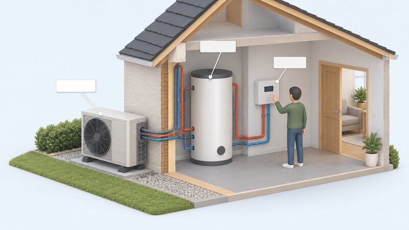A cutaway diagram of a house with an air-to-water heat pump outdoor unit on an outside wall, connected by pipework through the wall to a hot water cylinder and heating controls inside, each part marked by a leader line to a blank label tag.
