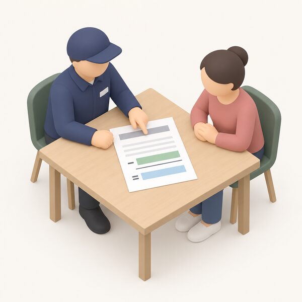 An installer and a property owner sit at a table where the installer points to a printed quote showing a plain colour band for the deducted grant above blank lines, with the owner's payment left to make afterwards.