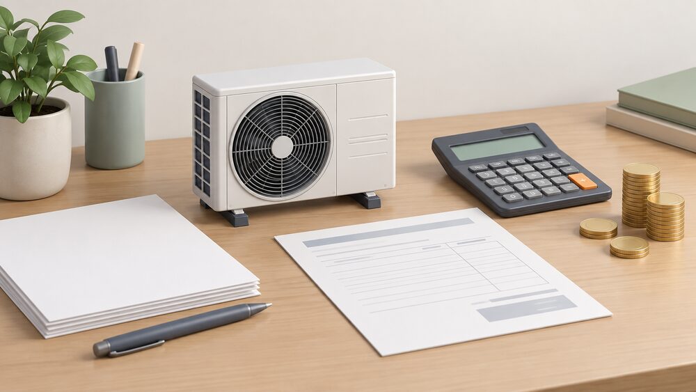 A small model of an air source heat pump outdoor fan unit stands on a desk beside blank paperwork, a blank invoice sheet, a calculator and a stack of coins, representing the installer applying for a grant and deducting it from the quote.