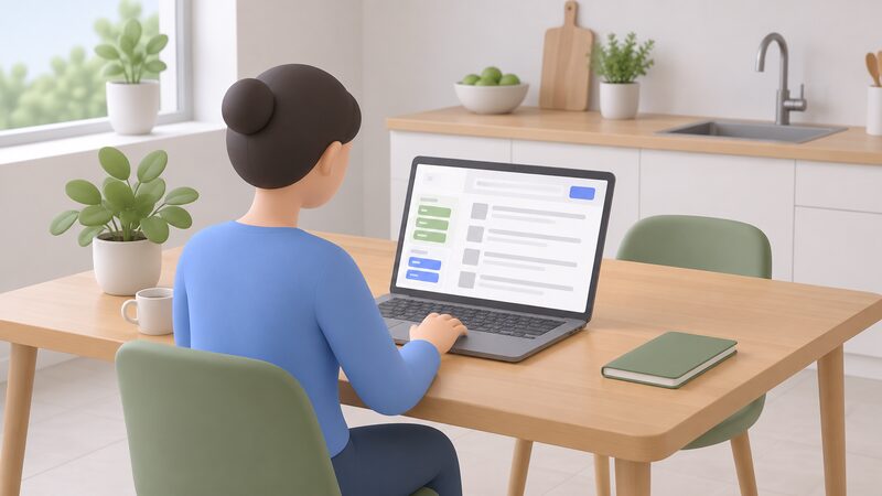 A laptop on a kitchen table showing a certification register search results page, with a filter panel of plain colour blocks for technology and region and a list of result entries shown as blank lines, a simplified figure seated using it.