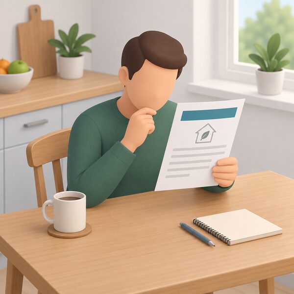 A householder at a kitchen table holds an MCS certificate document showing a plain colour band where the certification body's name would appear, checking it before appointing an installer.