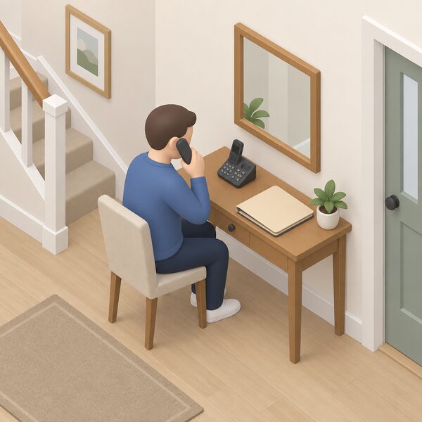 A cordless telephone resting on a table in a home hallway, with a small isometric figure seated beside it holding the handset to their ear, and a paper certificate folder lying closed on the table next to the phone base.