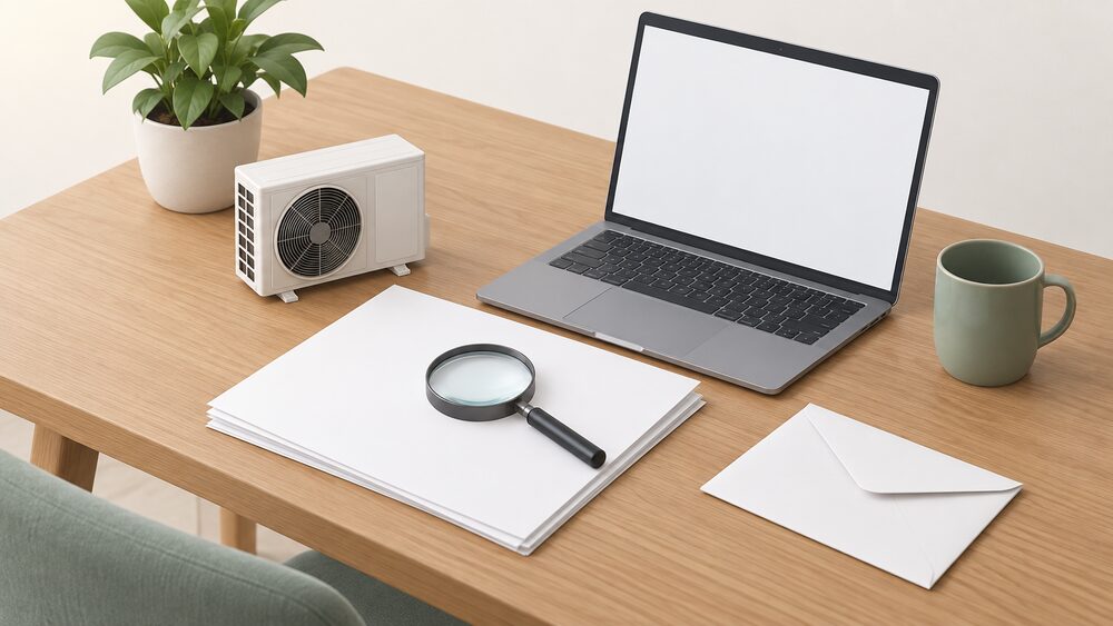 A small model of an air source heat pump stands beside blank printed paperwork and a plain envelope on a wooden table, with an open laptop showing a blank screen and a magnifying glass resting on the papers, as a household checks an installer's credentials before signing.