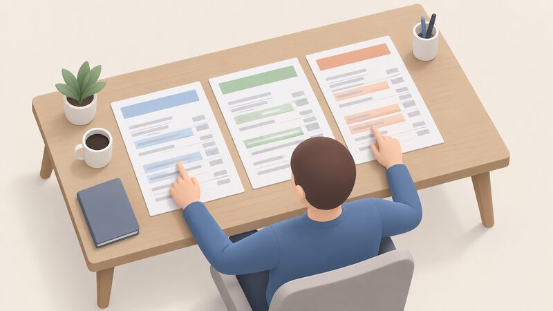 Three printed quote documents laid side by side on a table, each with plain colour bands highlighting some line items, with a person's hands comparing them line by line.