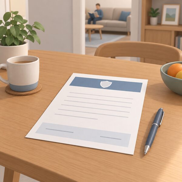 A single insurance-backed guarantee certificate lying flat on a household table, drawn as a physical paper document with a plain header band and blank lines, perhaps beside a pen, in a home setting.