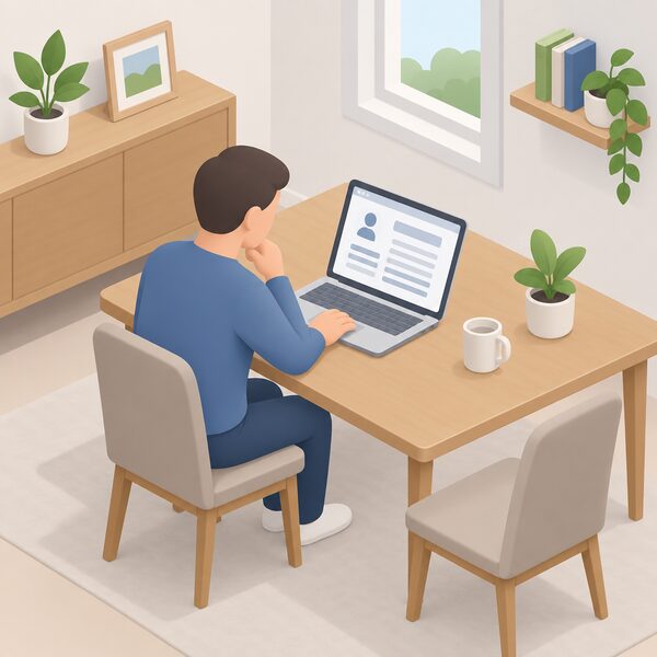 A householder sitting at a table at home checking a laptop, whose screen shows a plain registration listing page with blank entry lines, verifying an installer's details before committing.