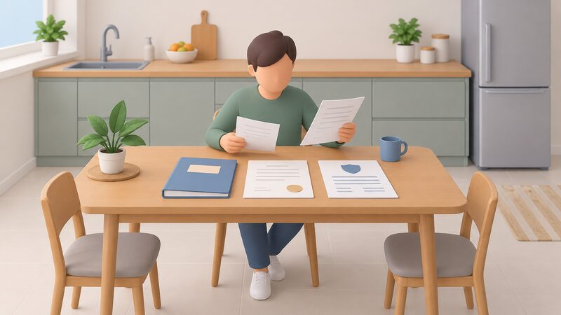 A householder seated at a kitchen table sorting through installation paperwork, with a handover pack, a certificate and a guarantee policy laid out flat in front of them for review.