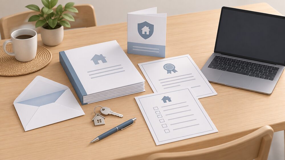 A kitchen table holding a householder's paperwork moment: a thick handover pack of documents, a folded guarantee policy, a completion certificate and a Benchmark checklist laid out beside an open envelope, a house key and a pen, with a laptop showing a blank screen waiting at the edge.