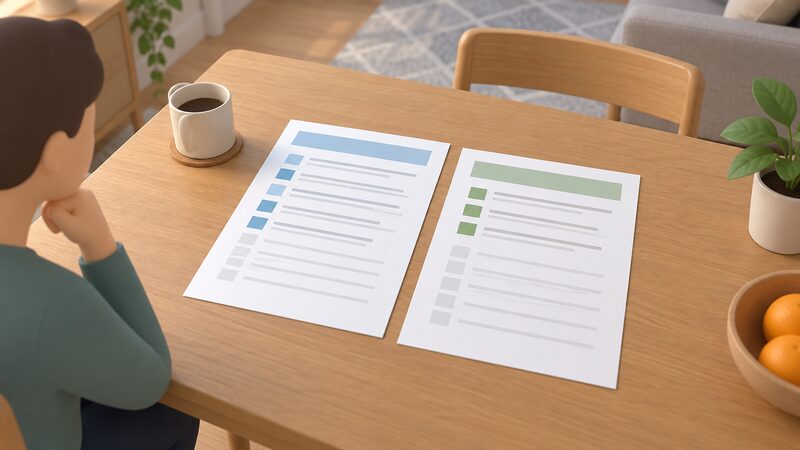 Two printed quote documents lying side by side on a household table, each with plain colour bands highlighting different scope lines, one sheet showing more blank line items than the other so the difference in what is included is visible at a glance.