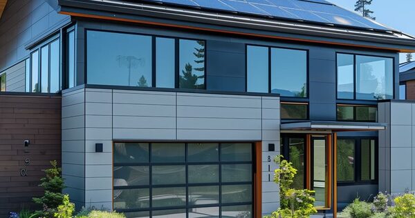A modern two-storey house with solar panels on the roof