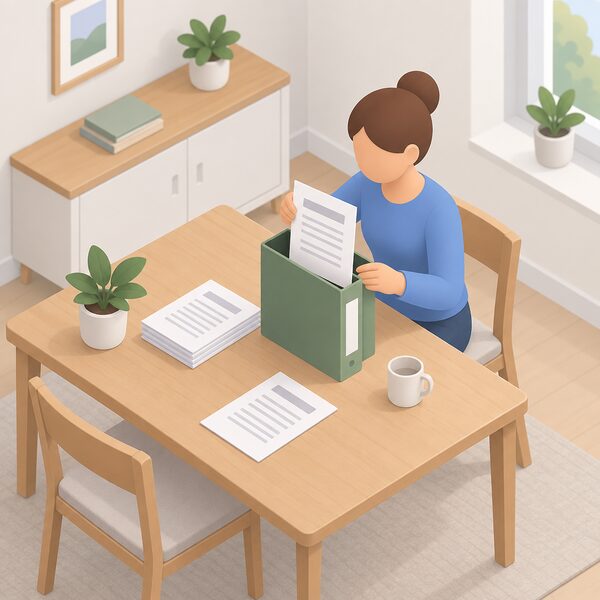 A simplified household figure at a kitchen table filing an installation certificate and paperwork, issued in the installer's name, into a folder kept safely at home.