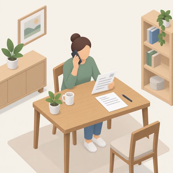 A simplified isometric figure sits at a home table using a phone and a printed letter about an energy complaint, with a second plain document and a pen beside them, showing a household seeking advice on an unresolved complaint.