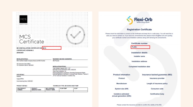 An example MCS installation certificate and a Flexi-Orb registration certificate for a heat pump installation