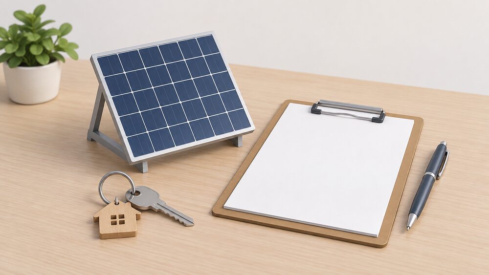 A small model of a rooftop solar panel stands on a table beside a blank certificate on a clipboard, a house key and a pen, representing the handover documents a household keeps after a certified installation.