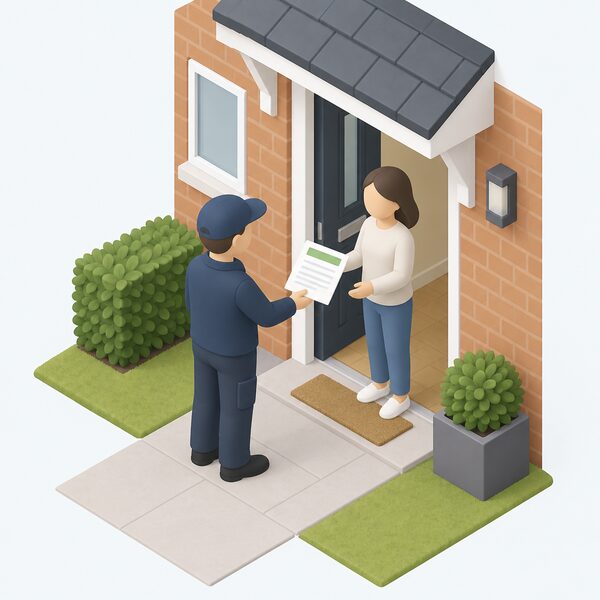 A registered installer handing a completion certificate to a householder at the front door of a home, the certificate shown as a physical sheet with blank lines and a plain colour band so no words or figures are readable.
