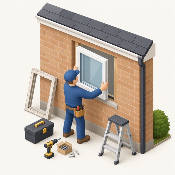 A small isometric installer figure in plain clothing fits a replacement window into an opening in the wall of a house, the old frame removed, new frame and glazing unit in place with tools and fixings nearby, no building control paperwork involved.