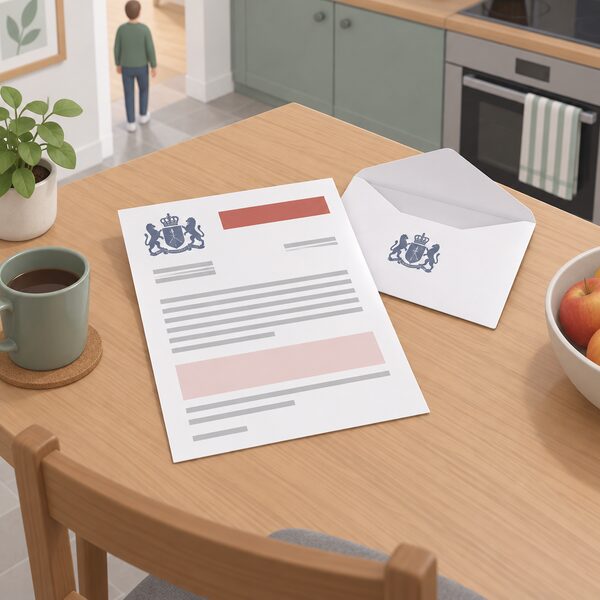 An enforcement notice letter from the local authority lying on a kitchen table in a home, shown as a physical document with blank lines and plain colour bands, beside an opened envelope bearing a simplified local authority crest.