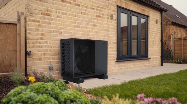A dark grey Grant air source heat pump installed on the ground outside a brick house beside a patio and garden