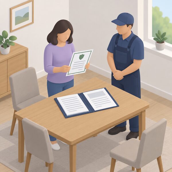 A householder standing at a table in their home holding a registration certificate while an installer waits beside a folder of paperwork, the householder comparing the certificate against the documents before signing anything.