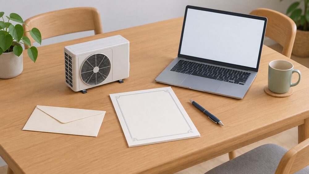 A kitchen table seen from above with a blank certificate document, a sealed envelope, a laptop with a blank screen, a pen and a small model of an air source heat pump fan unit, arranged as a household checking and filing installer paperwork.