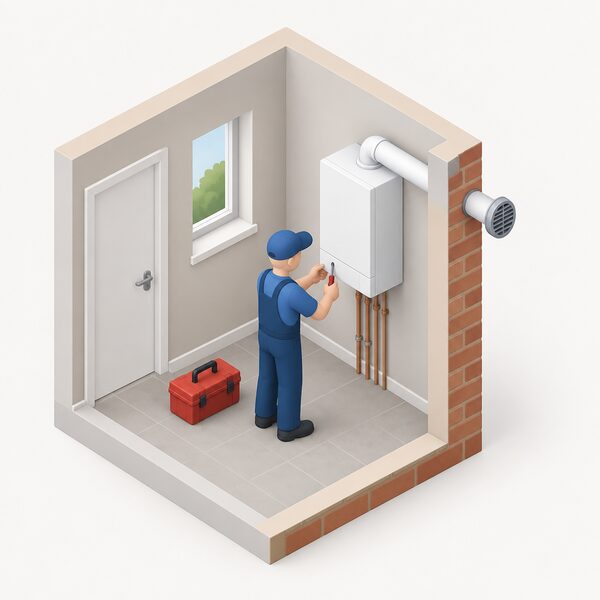 A small isometric cutaway of a room in a house showing a wall-mounted gas boiler installed indoors, with a person-like installer figure standing beside it, and the boiler's horizontal flue pipe passing through the outside wall to terminate outdoors.