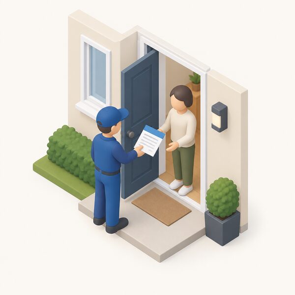 A simplified isometric installer figure in plain work clothing stands at a home's front door, handing a paper certificate of compliance to a householder, the document shown as a physical sheet with blank lines and a plain colour band so nothing on it is readable.
