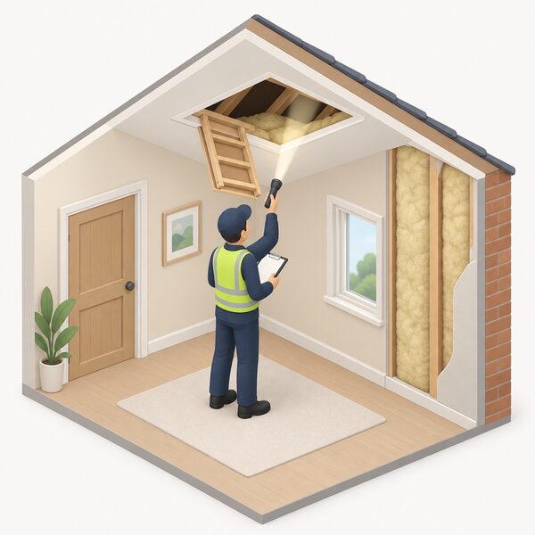 A TrustMark registered installer, shown as a small isometric figure in work clothing, assesses a home's interior, inspecting the wall and loft area with a clipboard and torch to identify suitable energy efficiency measures for the property.